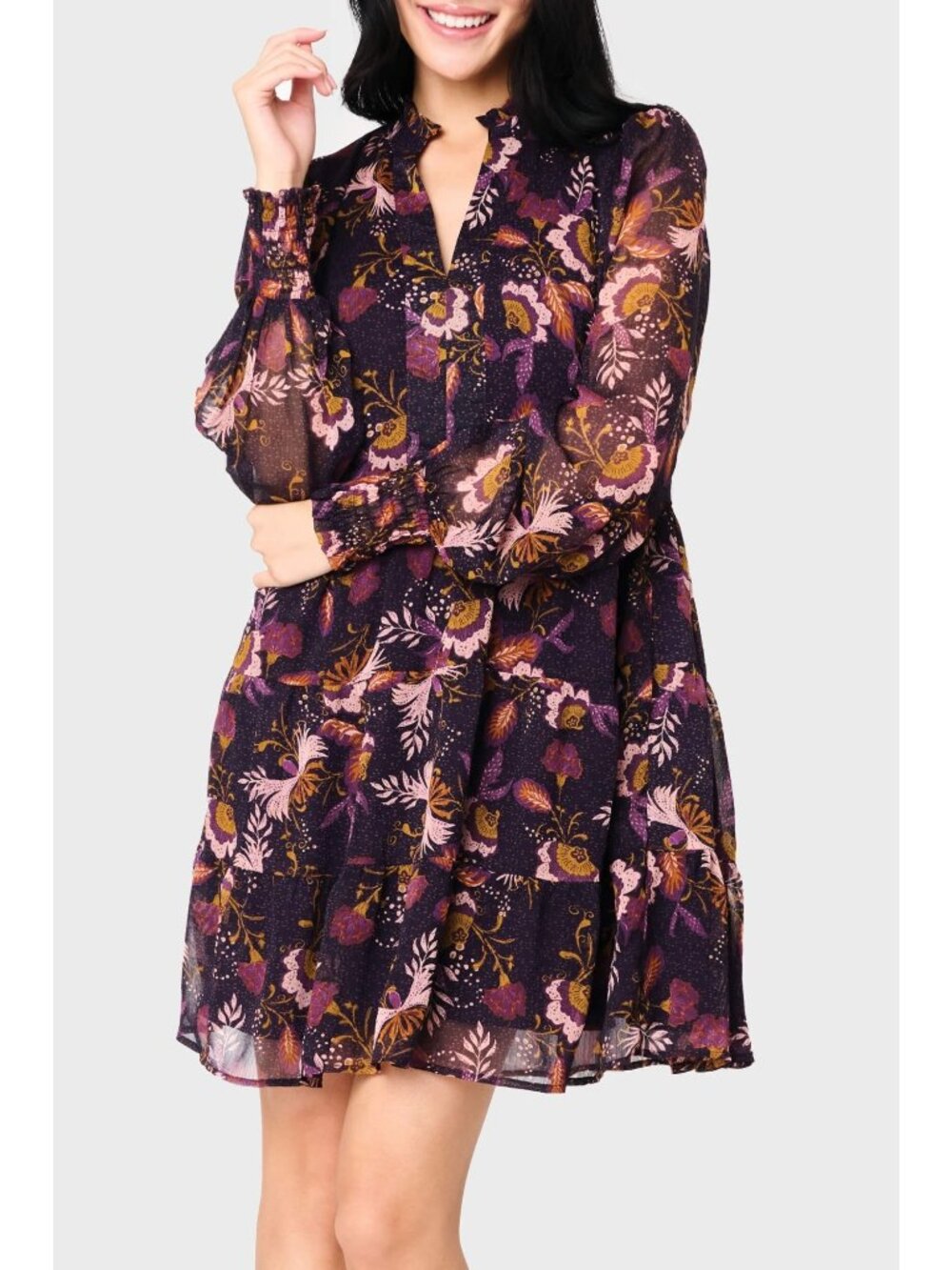 Gibsonlook Long‎ Sleeve Chiffon Decked Out Day Dress Purple Floral Print Size L